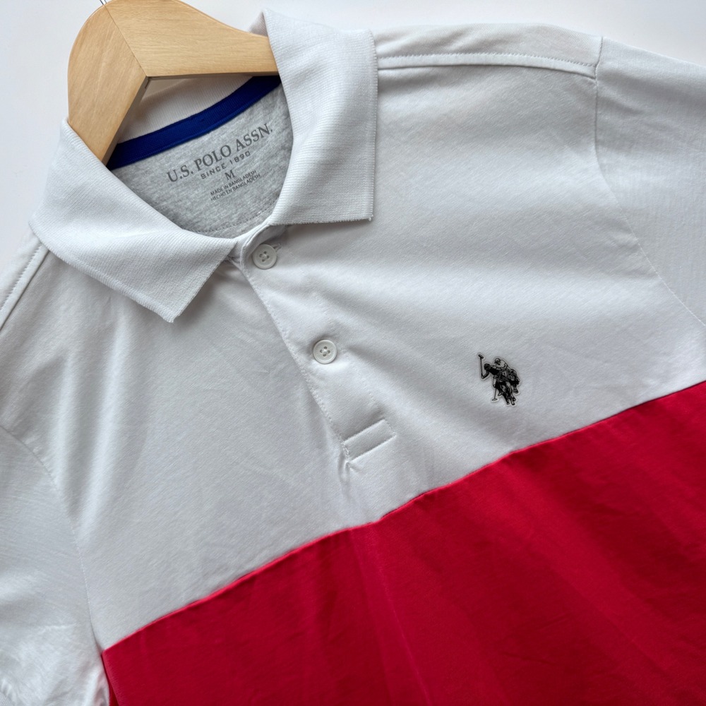 U.S. Polo Assn. Polo Shirt Mens M White Red Colorblock Short Sleeve Logo